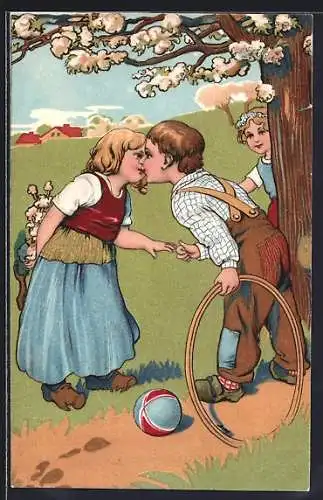 AK Kinder in Trachten küssen sich, Spielzeug