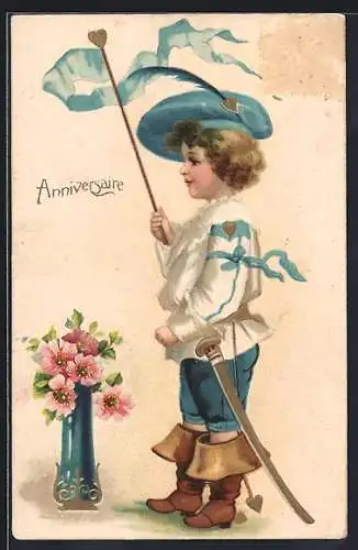 AK Knabe mit Federhut, Schwert und Herzstab, Blumen