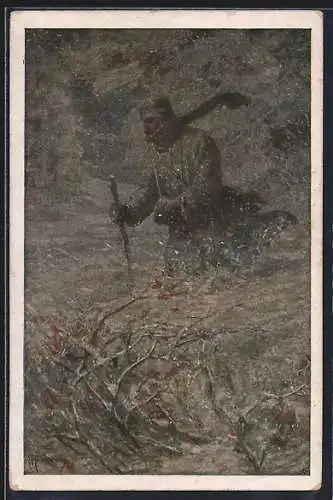 AK Rotes Kreuz Nr. 436, Kanonier Johann Grema watet durch den Schnee, Kriegsfürsorge