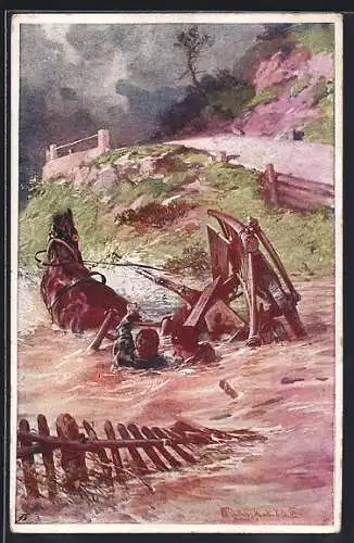 Künstler-AK Fr. Jung: Rotes Kreuz Nr: 496, Johann Rinagl Ulanenregiment rettet Husaren Franz Szallay