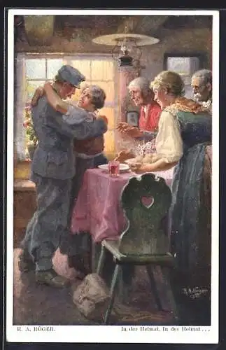 Künstler-AK Rudolf Alfred Höger: In der Heimat, Soldat mit Familie in der heimatlichen Stube