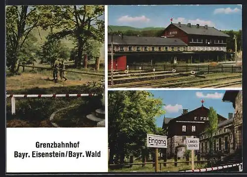 AK Bayr. Eisenstein /Bayr. Wald, Grenzbahnhof und Schranke