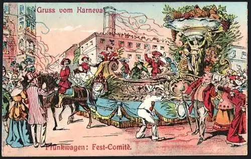 Lithographie Köln, Karneval, Prunkwagen, Fest-Comité
