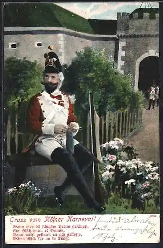 AK Köln, Strickender Mann im Kostüm zum Karneval