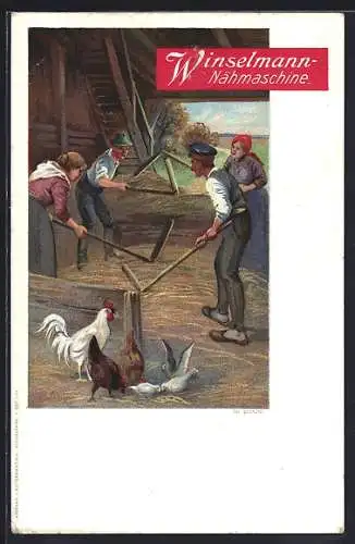 Künstler-AK Reklame, Dreschen des Heu, Winselmann Nähmaschinen