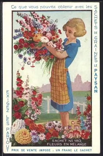 AK Reklame für Saatgut, Mädchen mit riesigem Blumenstrauss im Garten