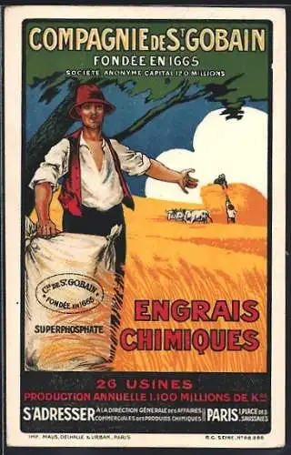 AK Bauer zeigt stolz auf sein Feld, Reklame für Düngemittel, Compagnie de St. Gobain, Superphosphate