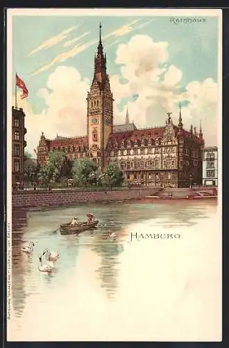 Lithographie Hamburg, Rathaus vom Wasser aus, mit Boot und Schwänen
