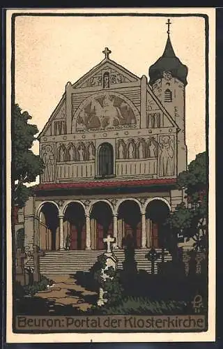 Steindruck-AK Beuron, Portal der Klosterkirche, Friedhof