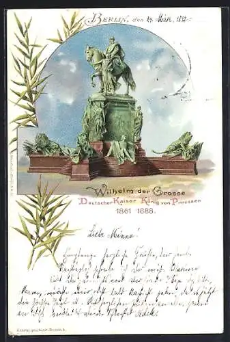 Lithographie Berlin, Denkmal Wilhelm der Grosse