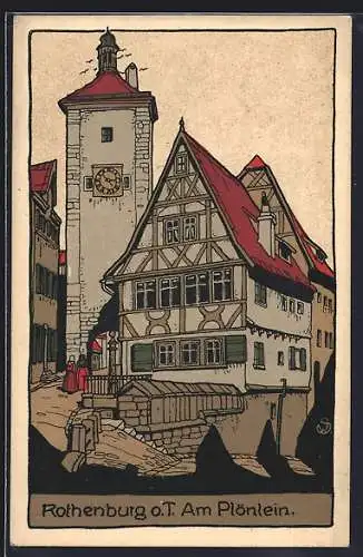 Steindruck-AK Rothenburg o.T., Am Plönlein