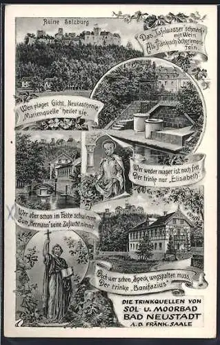 AK Bad Neustadt / Saale, Die Trinkquellen von Sol- u. Moorbad, Ruine Salzburg, Kurhaus