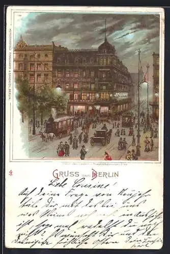Lithographie Berlin, Unter den Linden Ecke Friedrichstrasse, Cafe Bauer