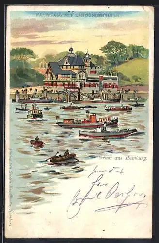 Lithographie Hamburg-St. Pauli, Fährhaus mit Landungsbrücke