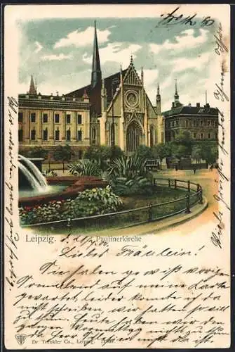 Lithographie Leipzig, Paulinerkirche mit Brunnen