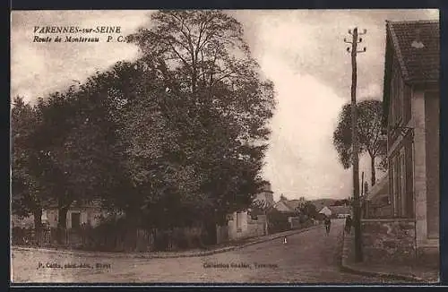 AK Varennes-sur-Seine, Route de Montereau avec arbres et maisons adjacentes