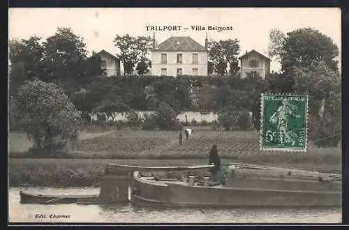 AK Trilport, Villa Belmont avec péniche sur la rivière
