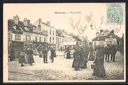 AK Montereau, Place au Blé animée avec passants et commerces historiques