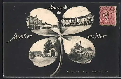 Passepartout-AK Montier-en-Der, Souvenir en quatre vues du village sur un trèfle à quatre feuilles