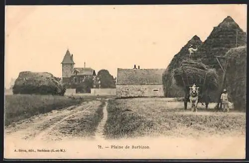 AK Barbizon /S.-et-M., Plaine de Barbizon avec charrette de foin et bâtiments ruraux