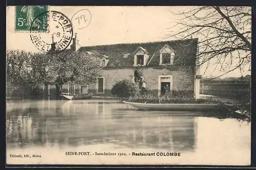 AK Seine-Port, Inondations 1910, Restaurant Colombe