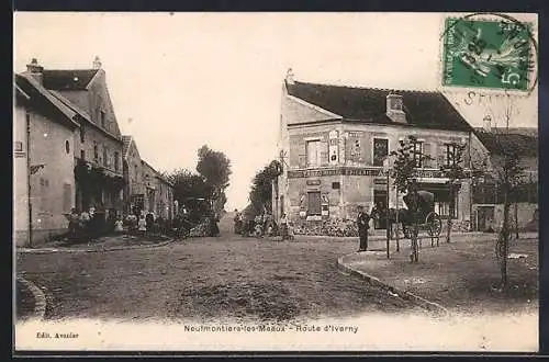 AK Neufmontiers-lès-Meaux, Route d`Iverny avec scènes de rue et cheval attelé