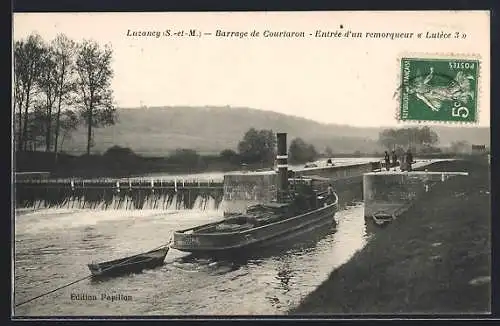 AK Luzancy /S.-et-M., Barrage de Courtaront, Entrée d`un remorqueur « Lutèce 3 »