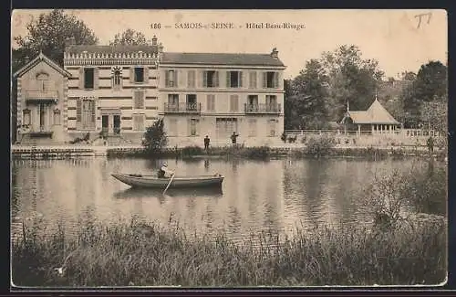 AK Samois-sur-Seine, Hôtel Beau-Rivage avec barque sur la rivière