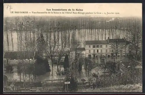 AK Le Bas-Samois, Vue d`ensemble de la Seine et de l`Hôtel Beau-Rivage pendant la crue du 24 janvier 1910