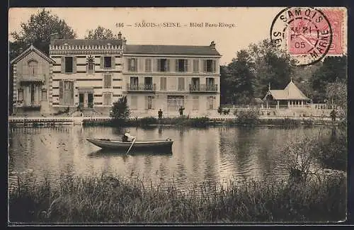 AK Samois-sur-Seine, Hôtel Beau-Rivage et barque sur la rivière
