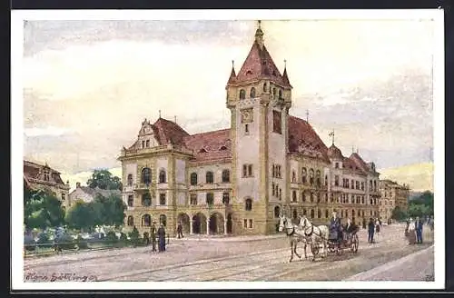 Künstler-AK Hans Götzinger: Wien-Hietzing, Strassenpartie am Amtsgebäude