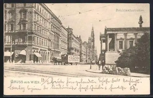 AK Wien, Reichratstrasse mit Pferdefuhrwerk der Firma Th. Binstner
