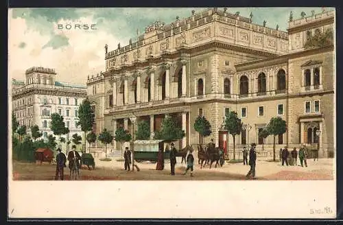 Lithographie Wien, Börse und Passanten um 1900