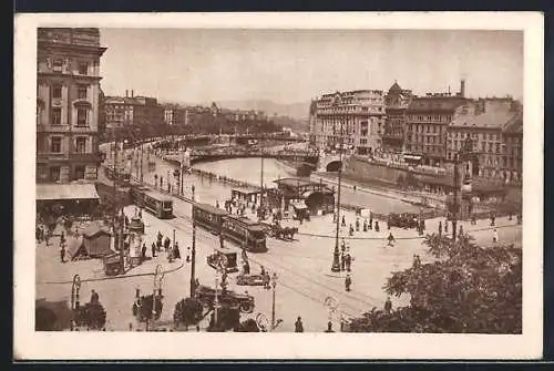 AK Wien, Kai mit Ferdinandsbrücke und Strassenbahn