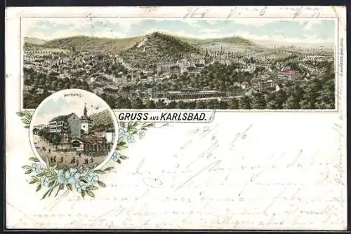 Lithographie Karlsbad, Ortsansicht und Marktplatz