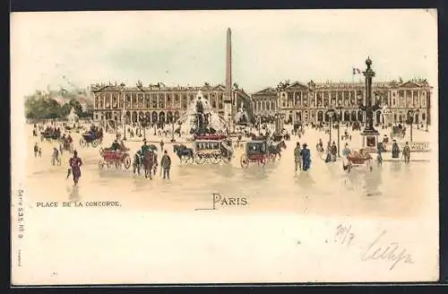 Lithographie Paris, Place de la Concorde, Pferdekutsche
