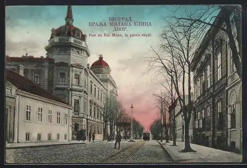 AK Belgrad, Rue du Roi Milan, le palais royal, Strassenbahn