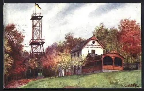 Künstler-AK Wien, Kaiser-Jubiläums-Warte und Schutzhaus in Ottakring, Vogeltennwiese