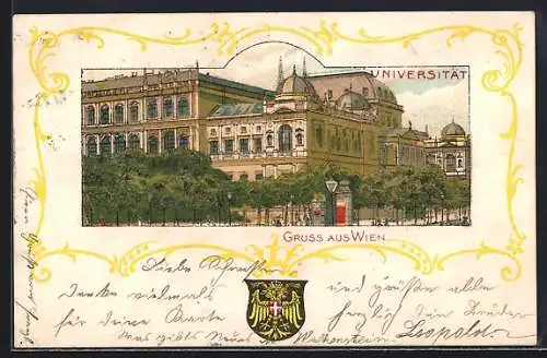 Lithographie Wien, Universität, Ansicht mit Wappen
