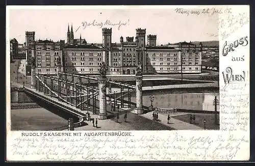 Lithographie Wien, Rudolfkaserne mit Augartenbrücke