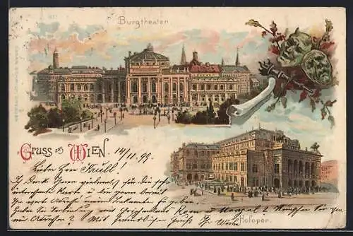 Lithographie Wien I, Burgtheater, Hofoper, Masken, Fackel