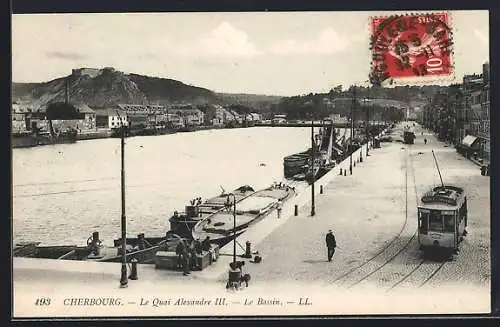 AK Cherbourg, Quai Alexandre, le Bassin, Strassenbahn