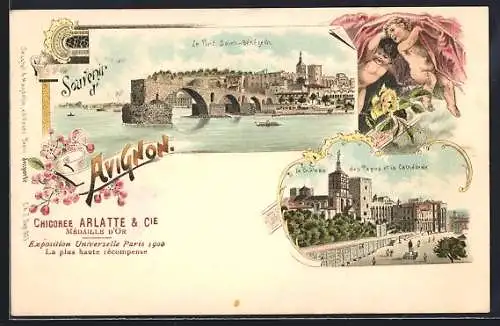 Lithographie Avignon, Le Pont Saint-Benezech, Le Chateau des Papes et Cathedrale