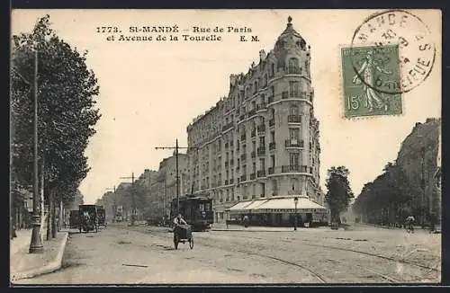 AK St-Mandé, Rue de Paris et Avenue de la Tourelle, Strassenbahn