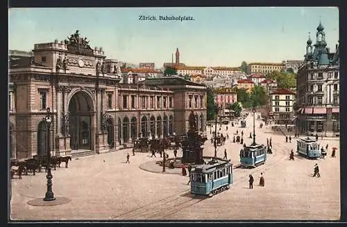 AK Zürich, Strassenbahnen auf dem Bahnhofplatz