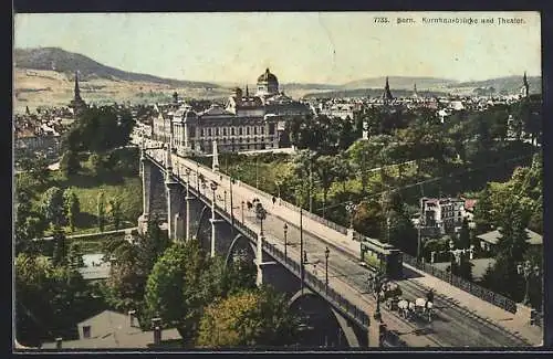 AK Bern, Kornhausbrücke und Theater, Strassenbahn