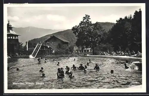 AK Villach, Warmbad, Bassin mit Wasserrutsche