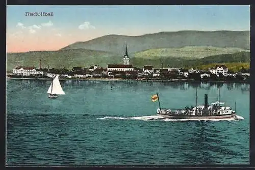 AK Radolfzell, Uferpartie mit Kirche und Dampfer