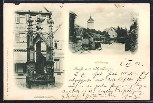 AK Reutlingen, Lindenbrunnen, Gerbersteg