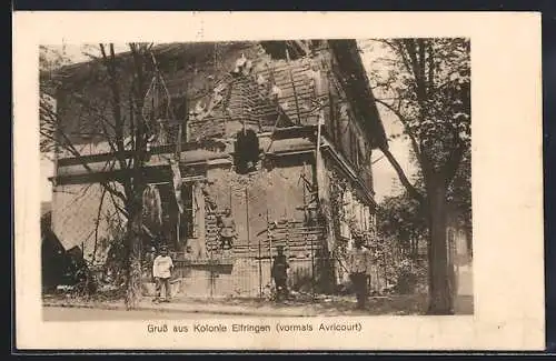 AK Elfringen, Strassenpartie mit zerstörtem Haus